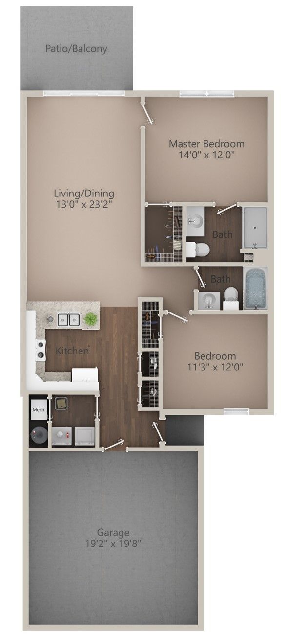 Floor plan of a two-bedroom apartment with a living room, kitchen, garage, and balcony.