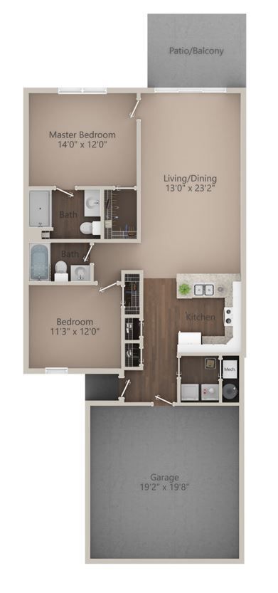 Floor plan of a residence: garage, two bedrooms, bathroom, living/dining area, kitchen, and patio balcony.