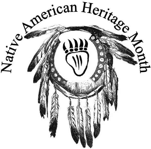 Native American Heritage Month logo with bear claw symbol and feathers.