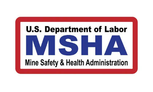 MSHA logo: Blue text on a white background with a red border. U.S. Department of Labor above "MSHA" and "Mine Safety & Health Administration" below.