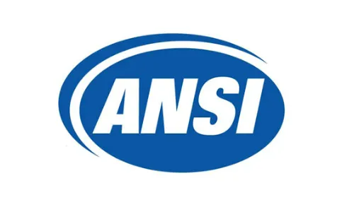 ANSI logo: white "ANSI" text within a blue oval, surrounded by a curved, white outline.