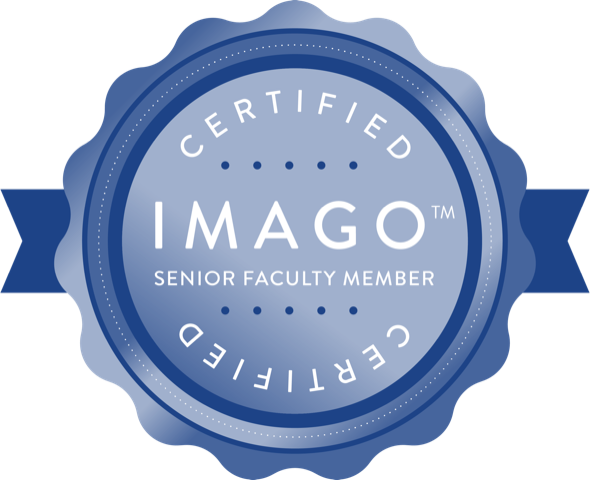 A blue badge that says ' certified imago senior faculty member ' on it