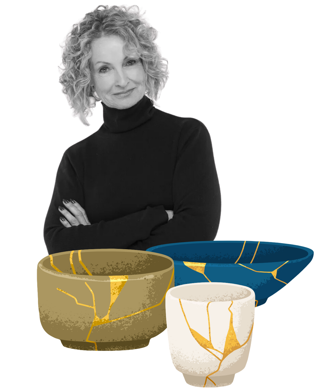 A woman in a black turtleneck is standing next to three bowls.