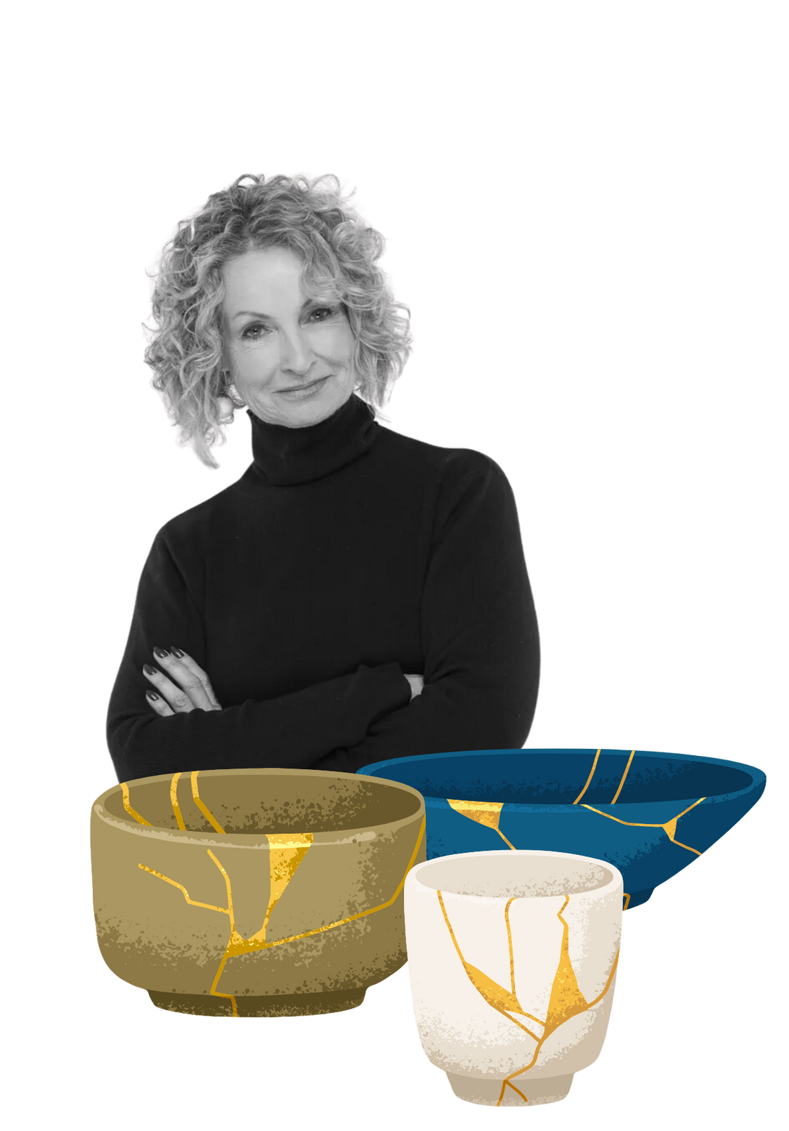 A woman in a black turtleneck is standing next to three bowls.