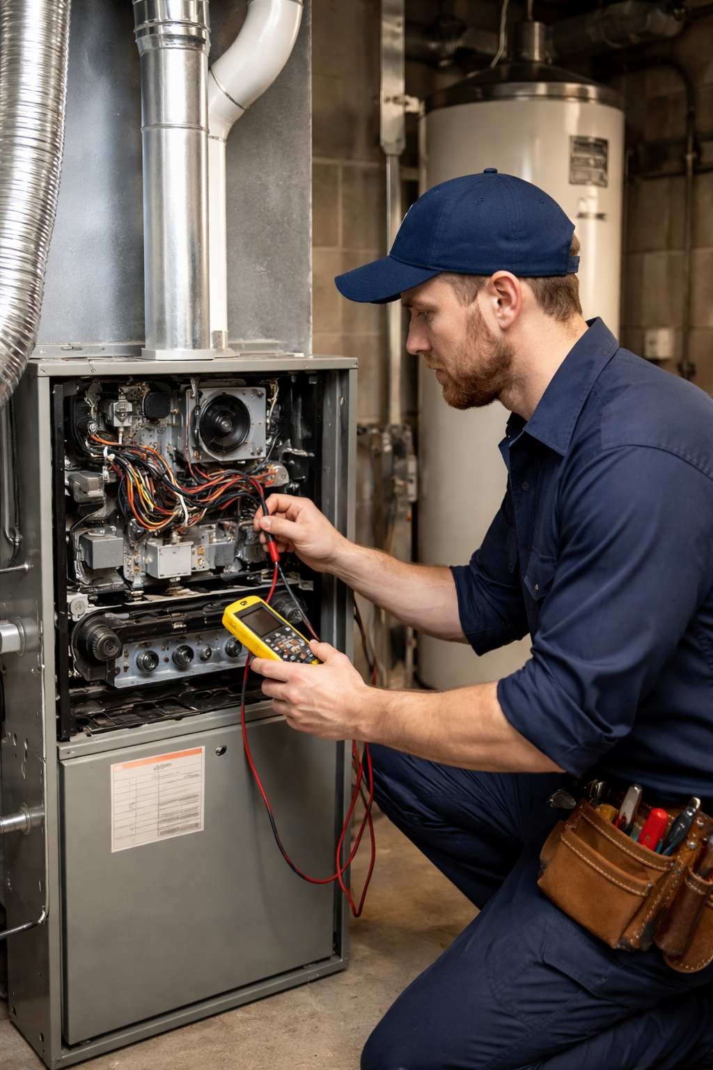 Man using a screwdriver on a furnace in a basement.