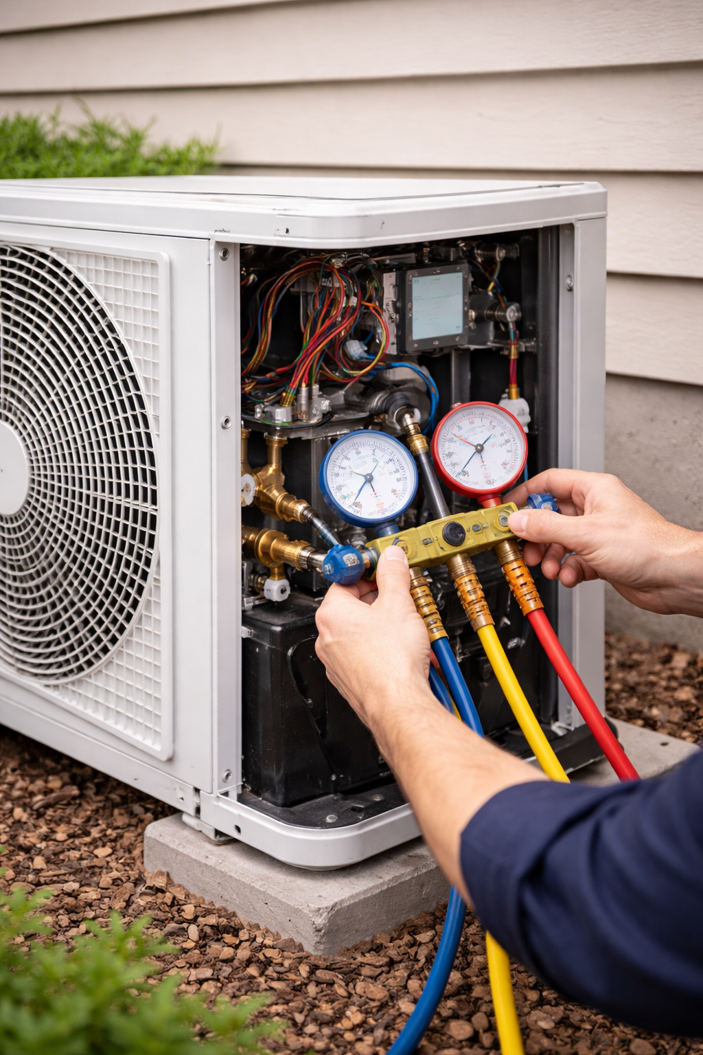 Person using gauges to service an air conditioning unit.
