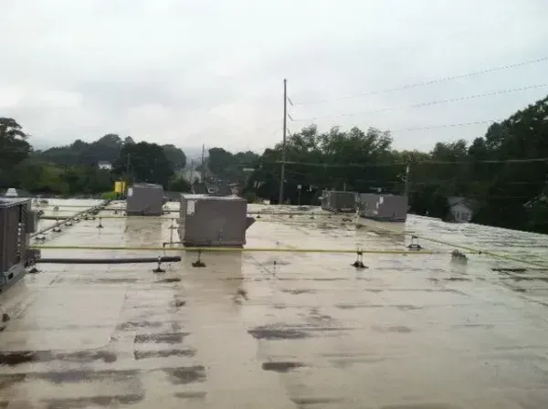A flat, wet commercial roof with HVAC units under an overcast sky; trees in the background.