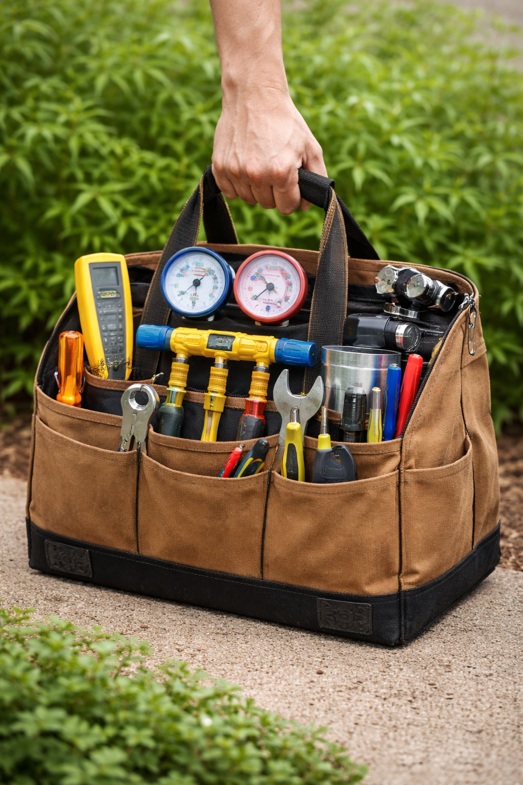 Person in khaki pants holds black tool bag with tools in front of green foliage.