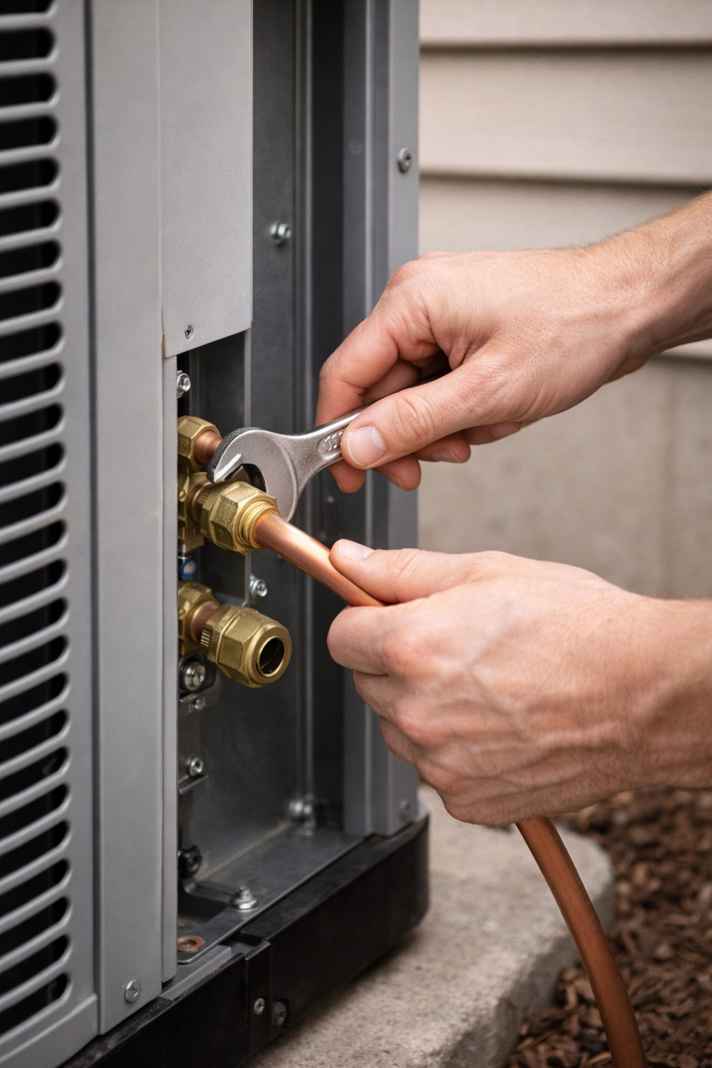 HVAC technician servicing an outdoor air conditioning unit. Gray gloves, testing electrical components.