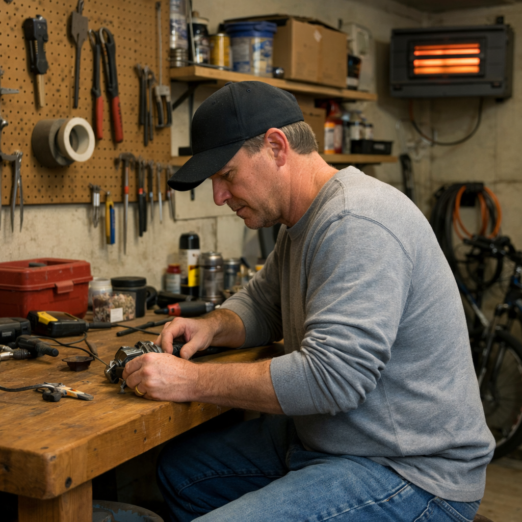 Boy helps adult fix a motorcycle in a garage. Both are focused, with the boy using a tool.