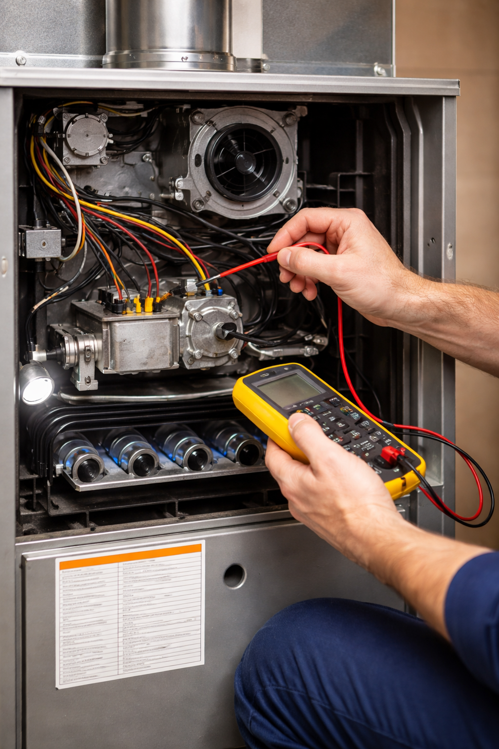 Man in blue shirt using a screwdriver on a furnace in a basement.