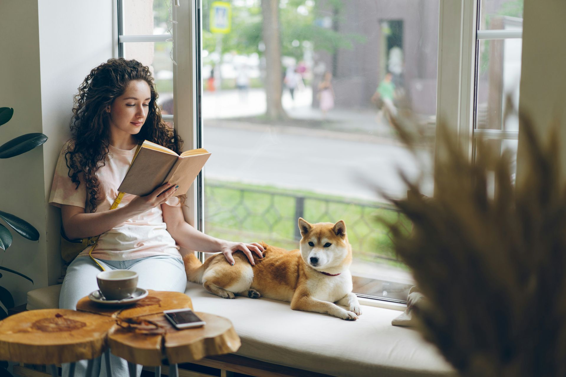 Woman reading a book, petting a Shiba Inu dog by a window. Coffee and phone on a table.