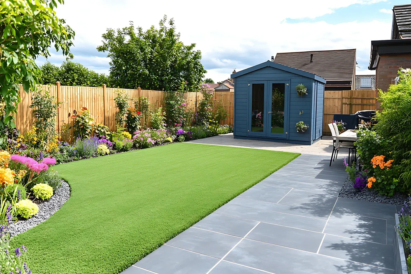 Well-manicured backyard with green lawn, blue shed, stone patio, and colorful flowerbeds.