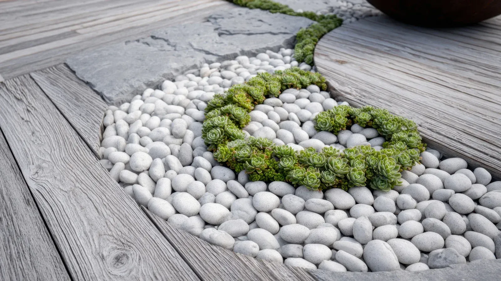 White river rocks surround green ground cover, bordered by weathered gray wood and stone.