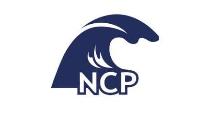Logo with navy blue wave over the letters NCP in white.