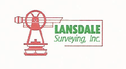 A logo for lansdale surveying inc. with a red wheel on a white background.