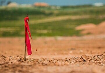 A red ribbon is tied to a metal pole in the dirt.