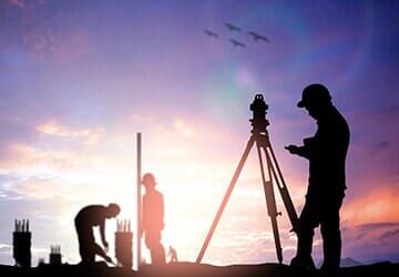 A group of construction workers are working on a construction site at sunset.