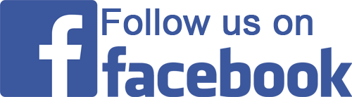 A blue and white logo that says follow us on facebook.