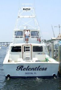 The name relentless is on the back of a boat