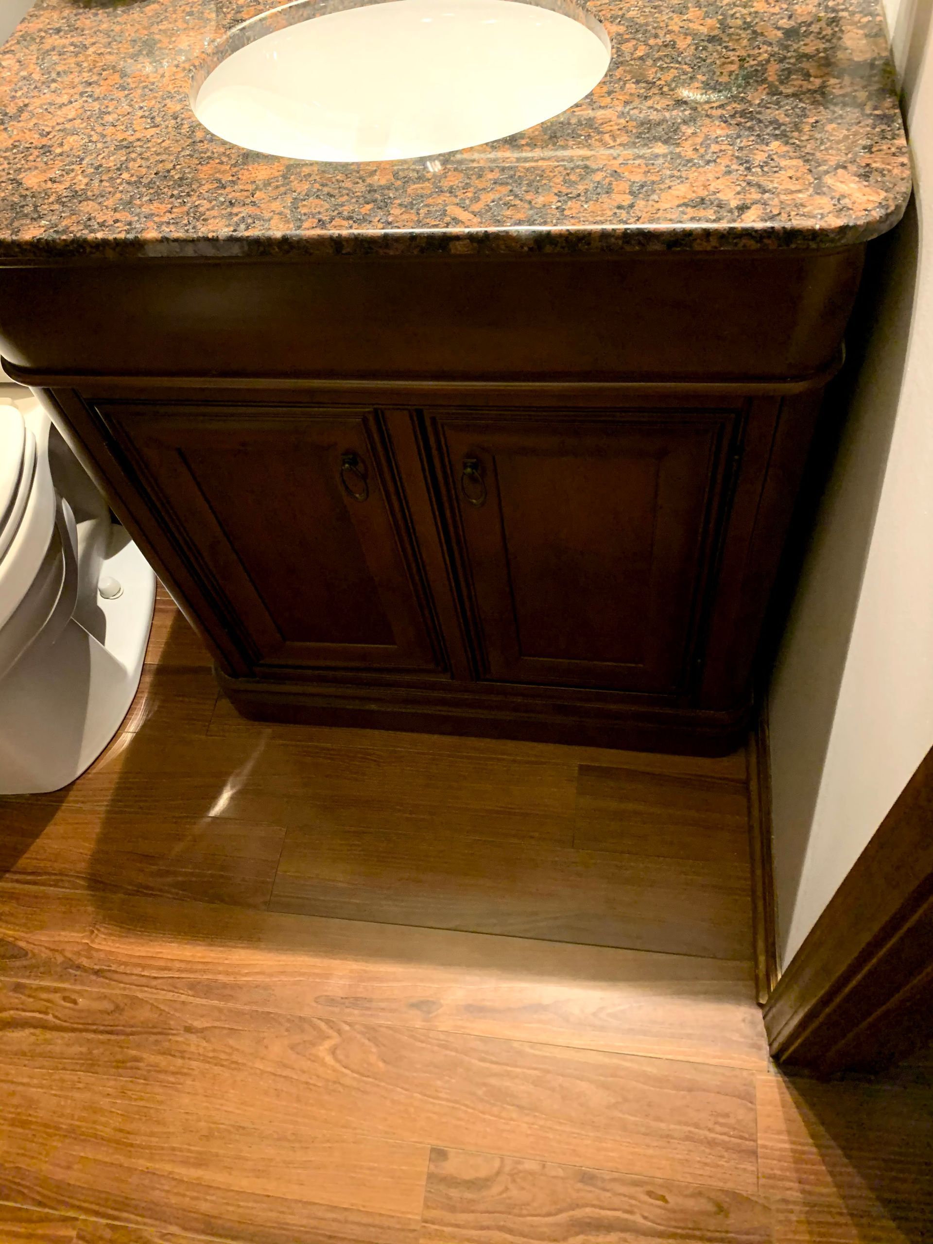 Dark wood bathroom vanity with granite countertop and oval sink beside a toilet.