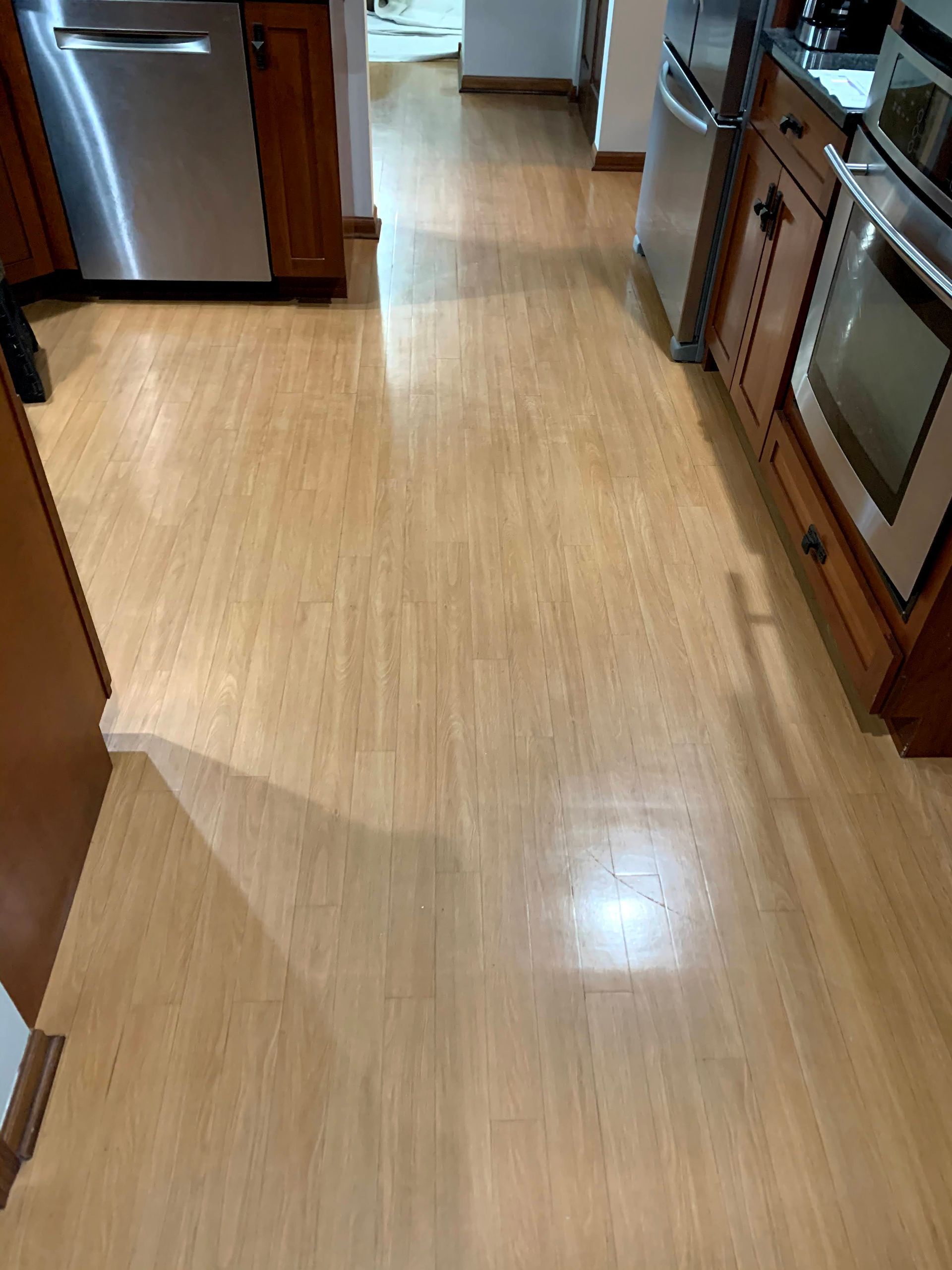 Kitchen with light wood floor, stainless appliances, and dark wood cabinets.