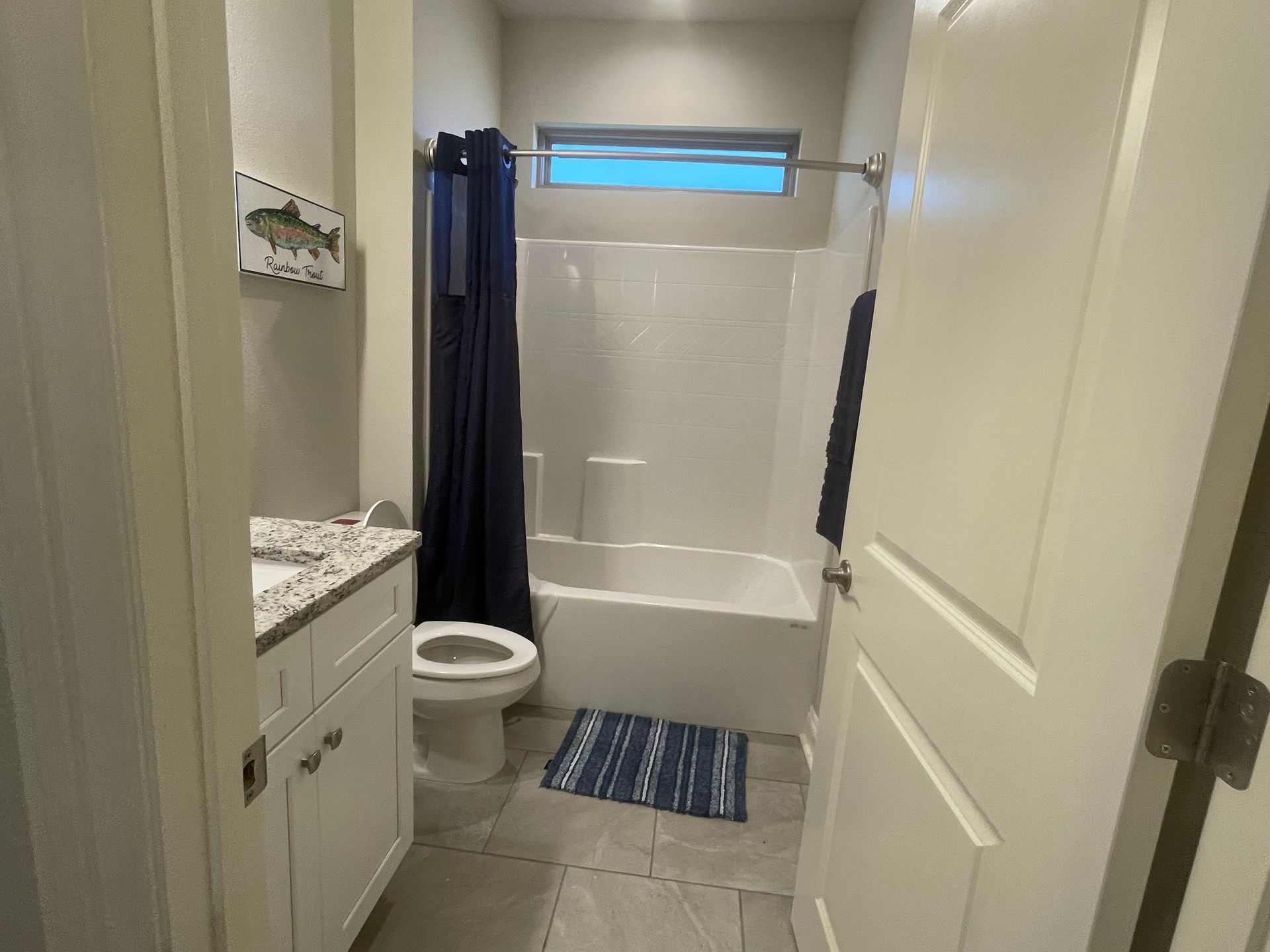 Small bathroom with a toilet, tub-shower with dark curtain, and striped rug.