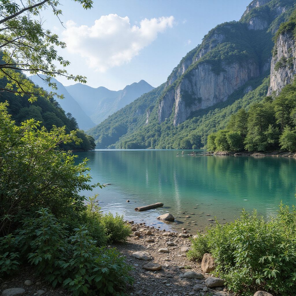 Lago turquesa rodeado de exuberantes montañas verdes bajo un cielo azul.