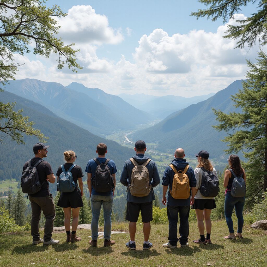 Un grupo de excursionistas con mochilas admira un pintoresco valle montañoso bajo un cielo azul.
