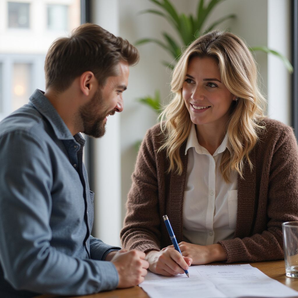 Un hombre y una mujer en una mesa; la mujer firma un documento mientras sonríe y el hombre mira sonriendo.