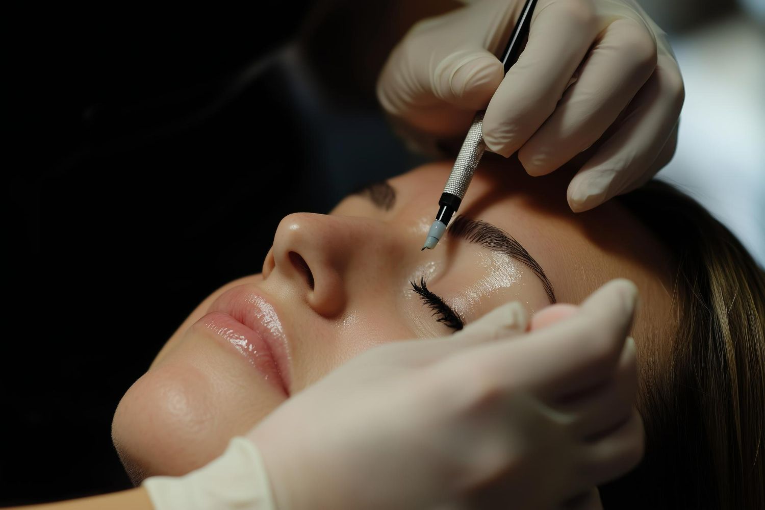 A woman is getting her eyebrows done by a person wearing gloves