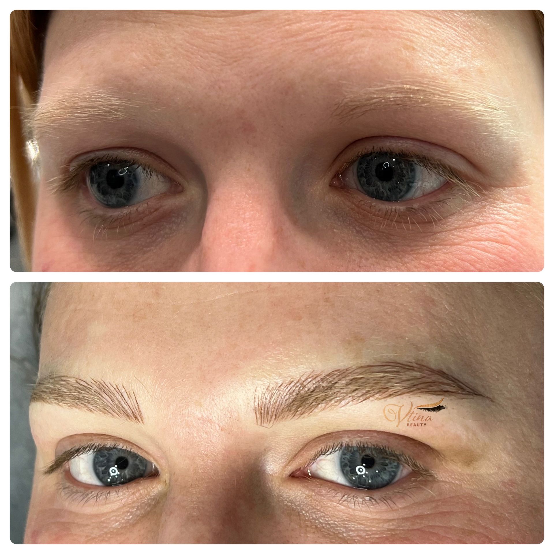 A before and after picture of a woman 's eyebrows