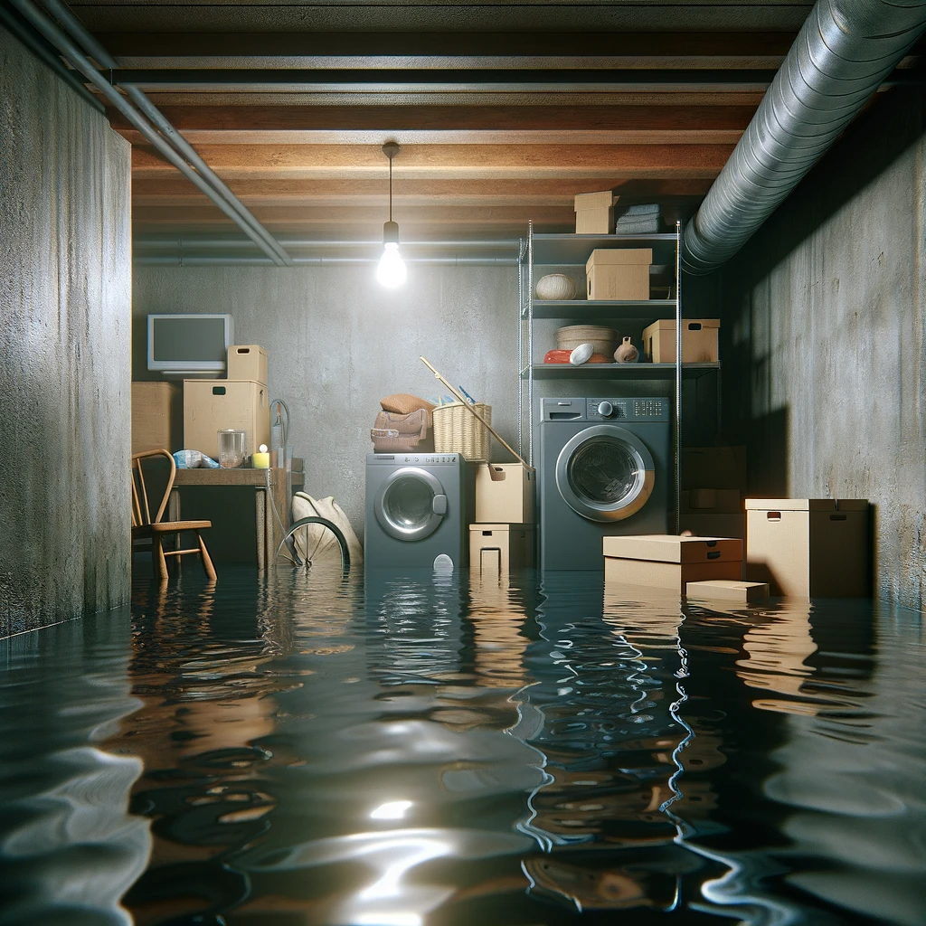 a flooded basement with a washing machine and dryer