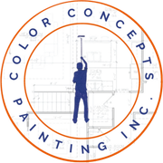 Color Concepts Painting Inc. logo: Painter, orange circle, blueprints, and text.