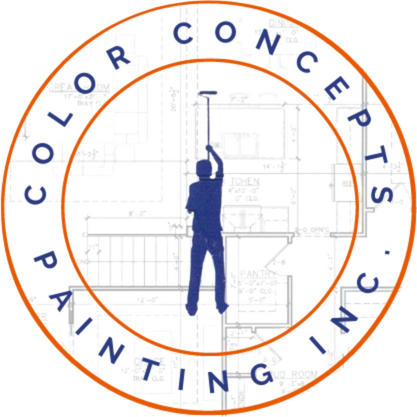 Color Concepts Painting Inc. logo: Painter, orange circle, blueprints, and text.