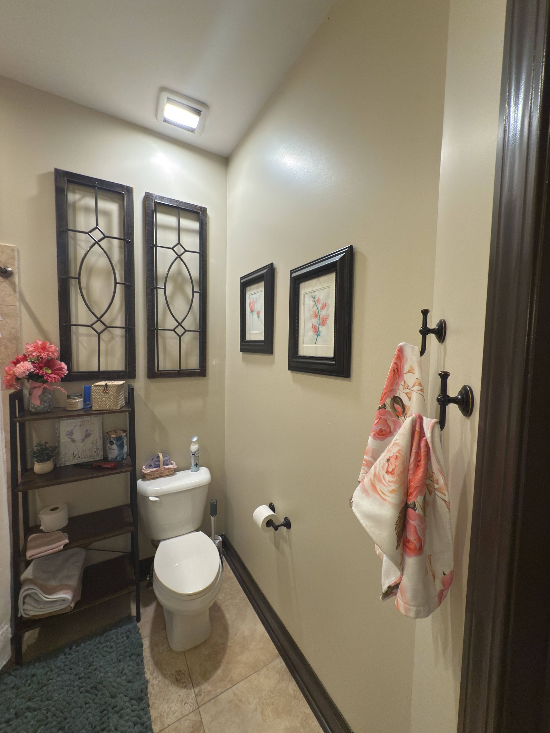 Small bathroom with toilet, decorative wall art, towel rack, and shelving unit.