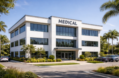 White medical office building with large windows and a 