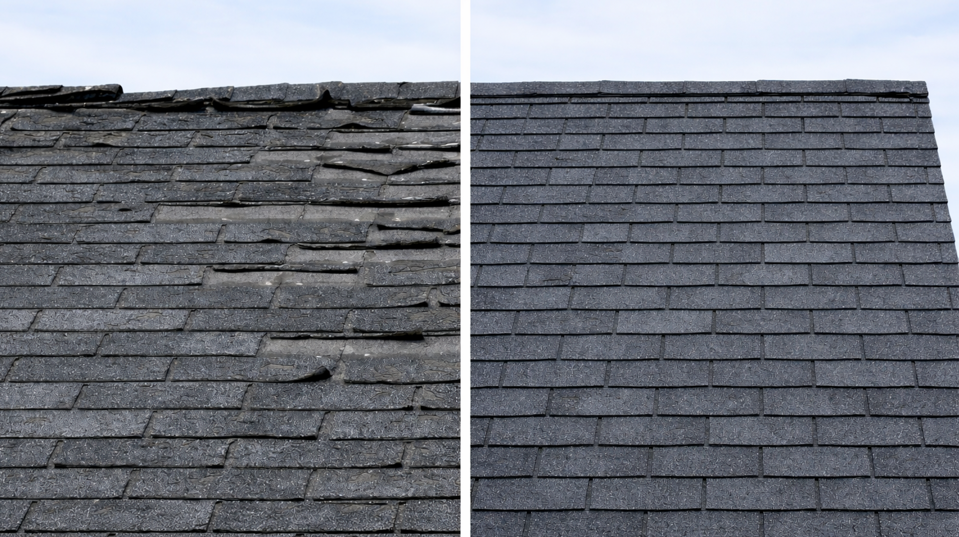 Roof with damaged shingles on the left, repaired shingles on the right.