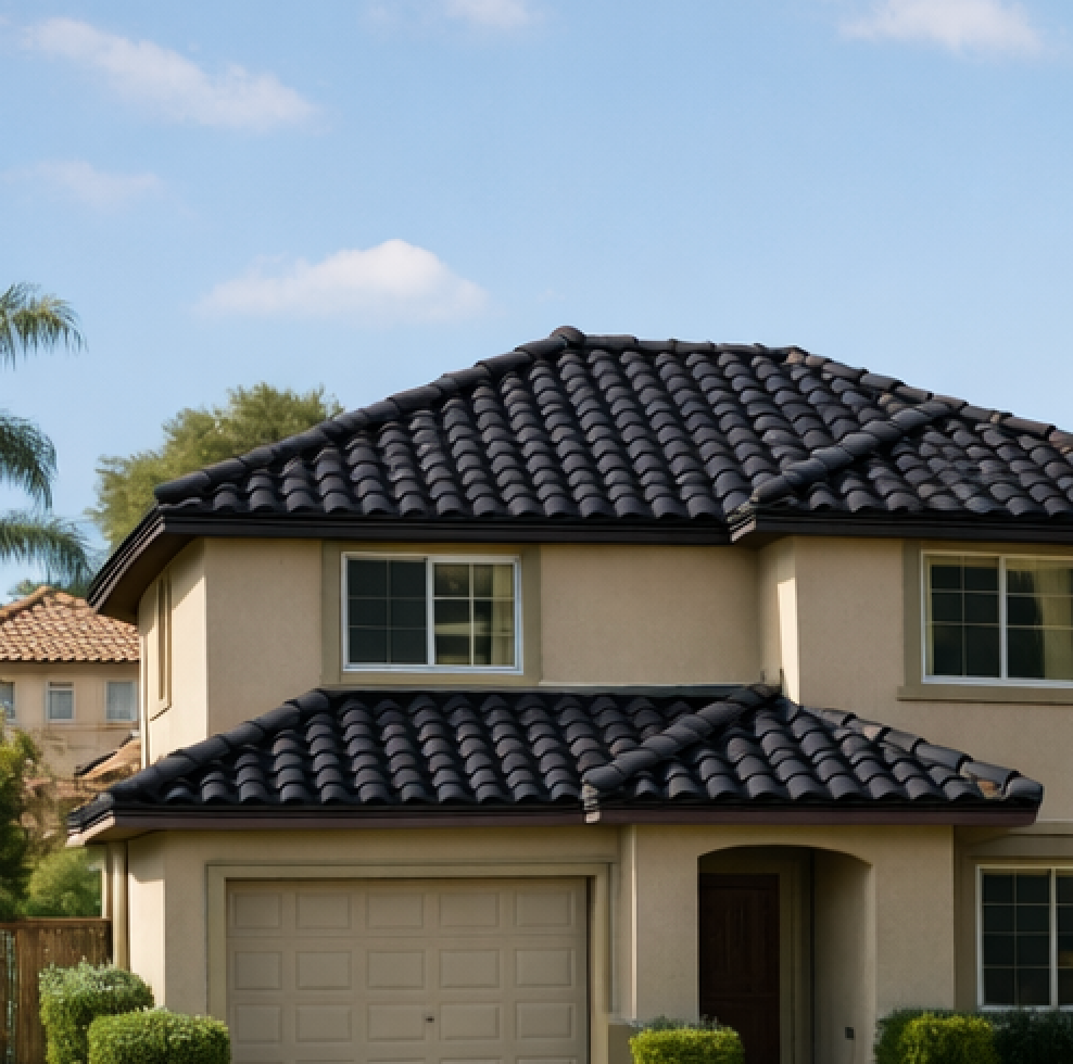 Two-story beige house with dark tiled roof, garage, and blue sky.