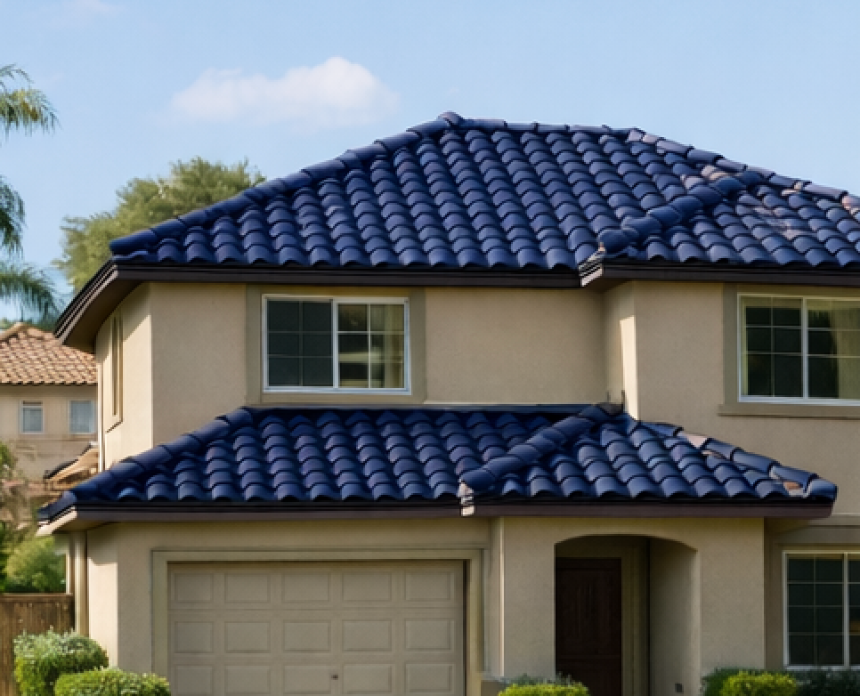 Beige house with a dark blue tile roof.