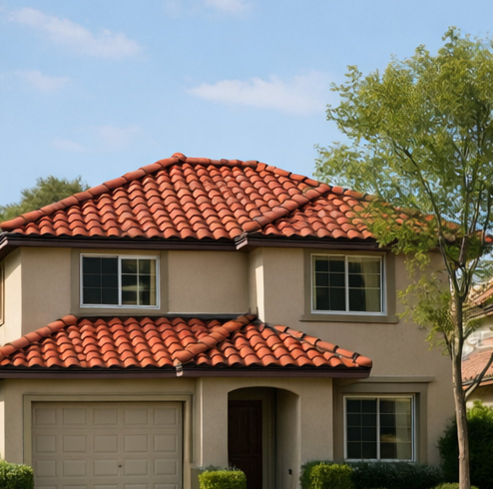Two-story beige house with red tile roof, white-framed windows, and a small tree in front.