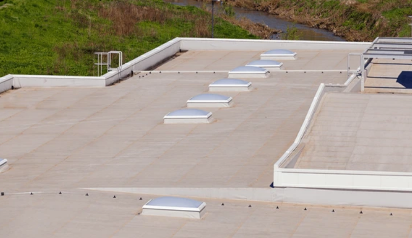 Flat commercial roof with several skylights, white trim, and a grassy area in the background.