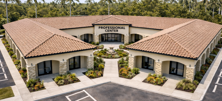 Professional Center building with clay tile roof and central courtyard.