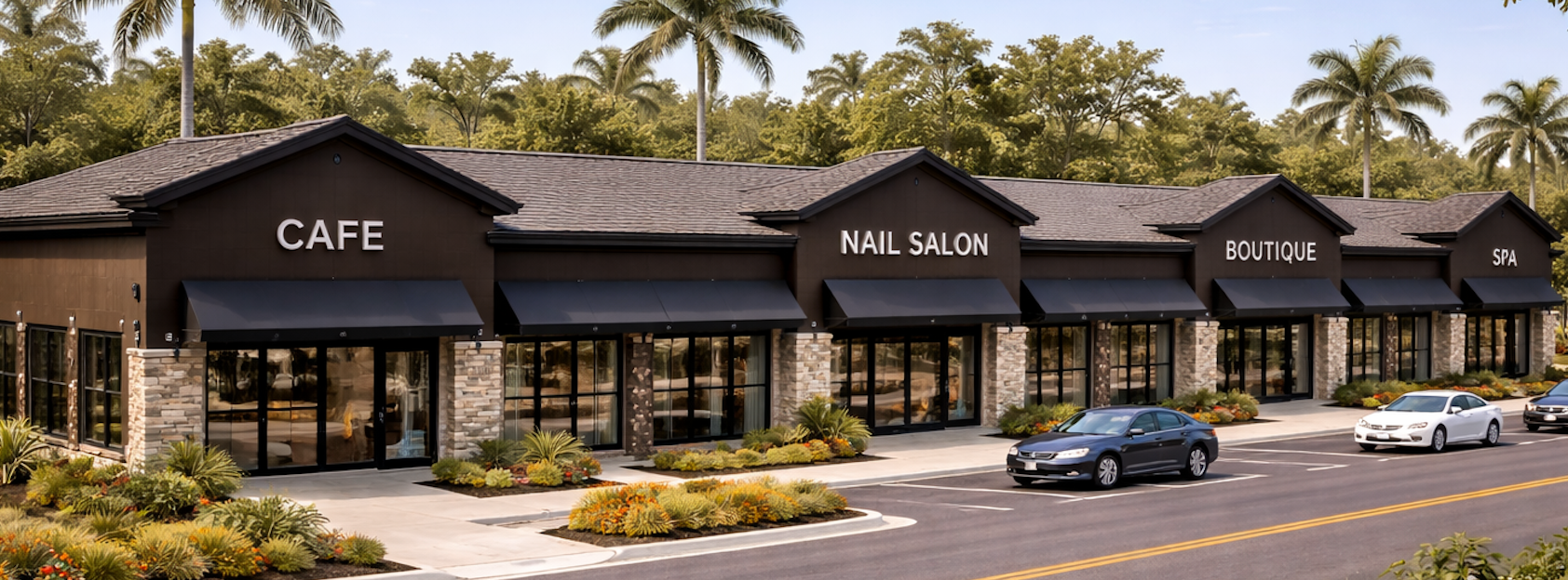 Shops in a strip mall with signs for a cafe, nail salon, boutique, and other, with cars parked out front.