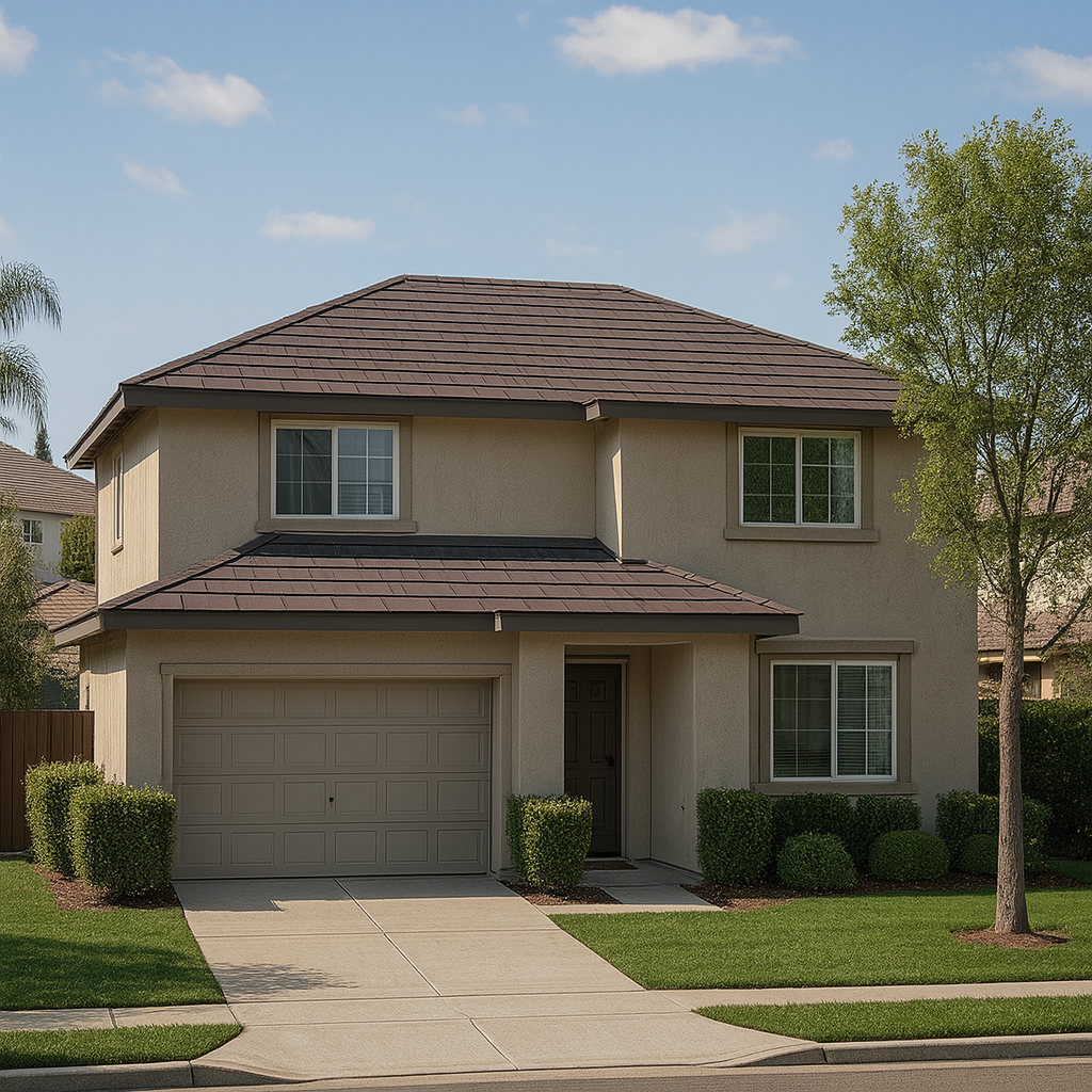 Two-story beige house with a brown roof and a garage, set on a green lawn under a blue sky.