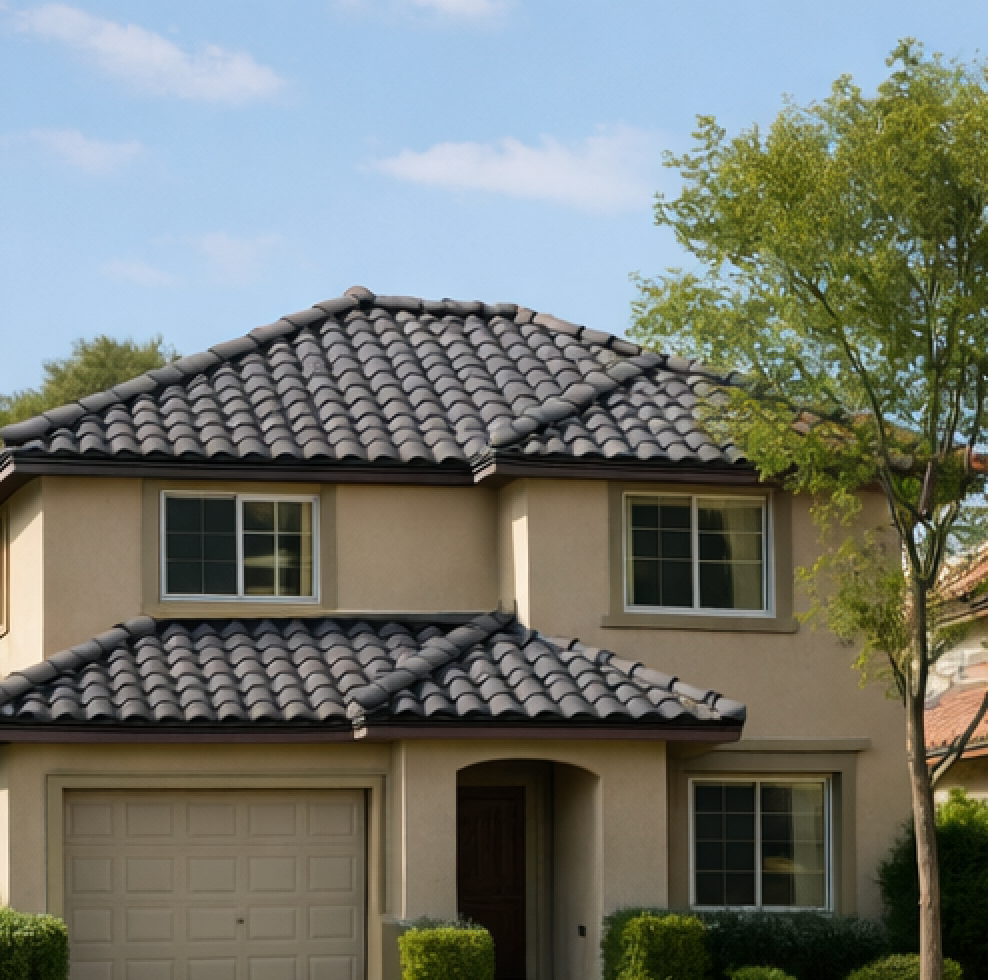Two-story stucco house with tile roof, garage, and landscaping, against a blue sky.