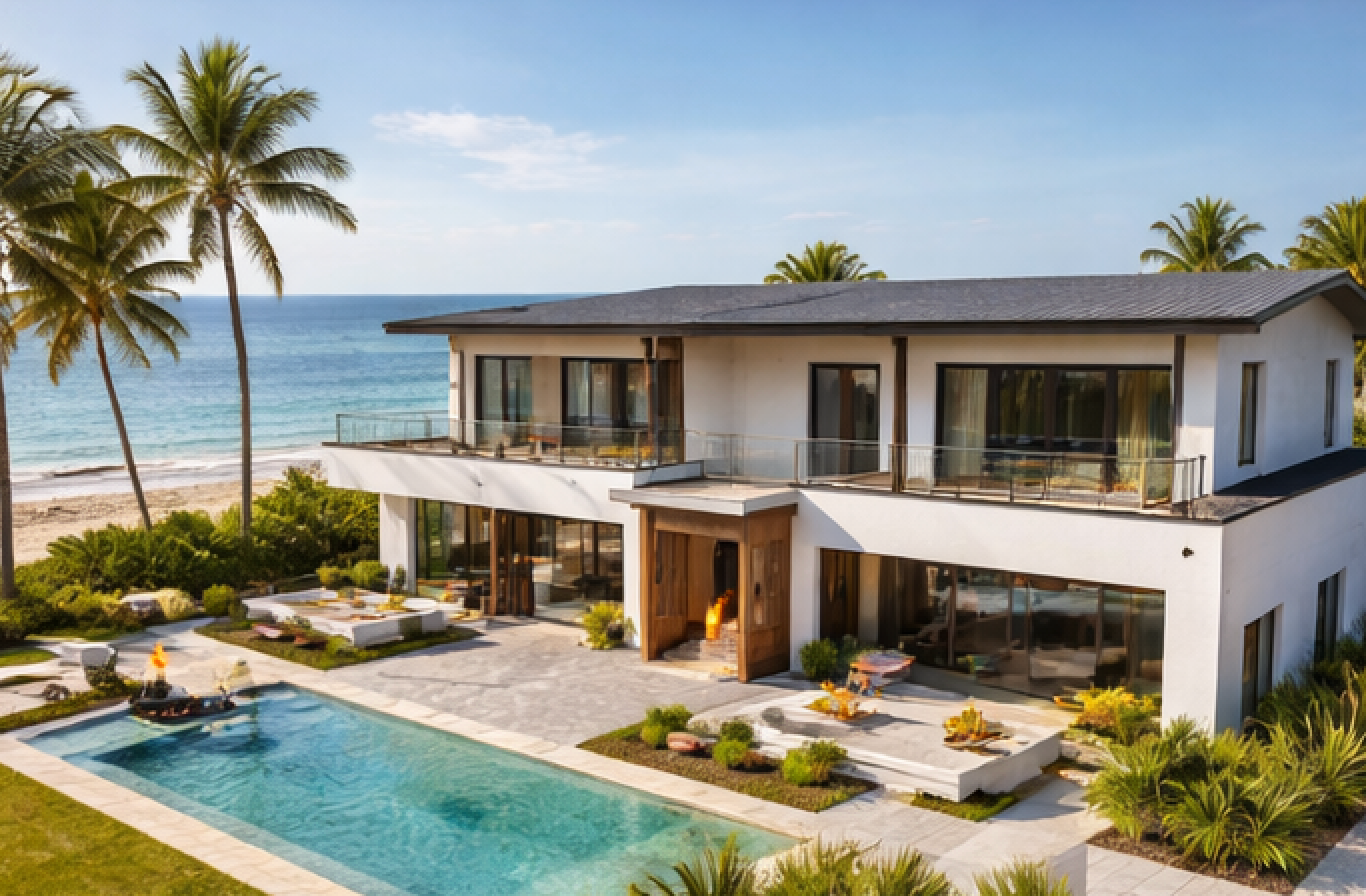 Modern beachfront house with pool; white exterior, large windows, ocean view.