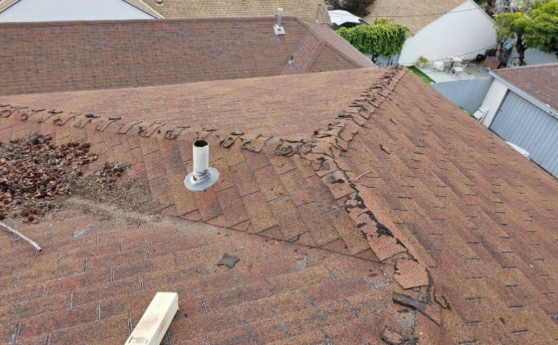 Weathered shingle roof with a visible ridge repair and rooftop vent near neighboring houses