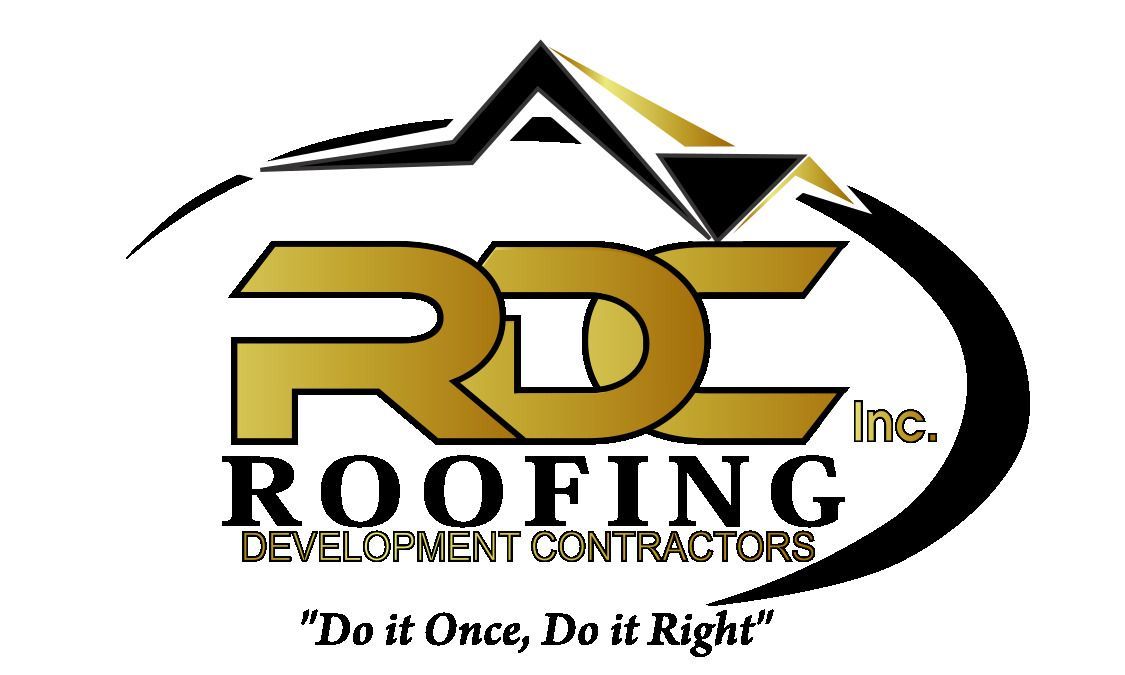Logo for RDC Roofing Inc. in gold and black with a roof icon and the slogan