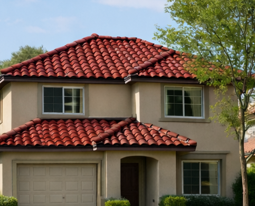 Two-story house with red tile roof, beige stucco walls, and a garage door.